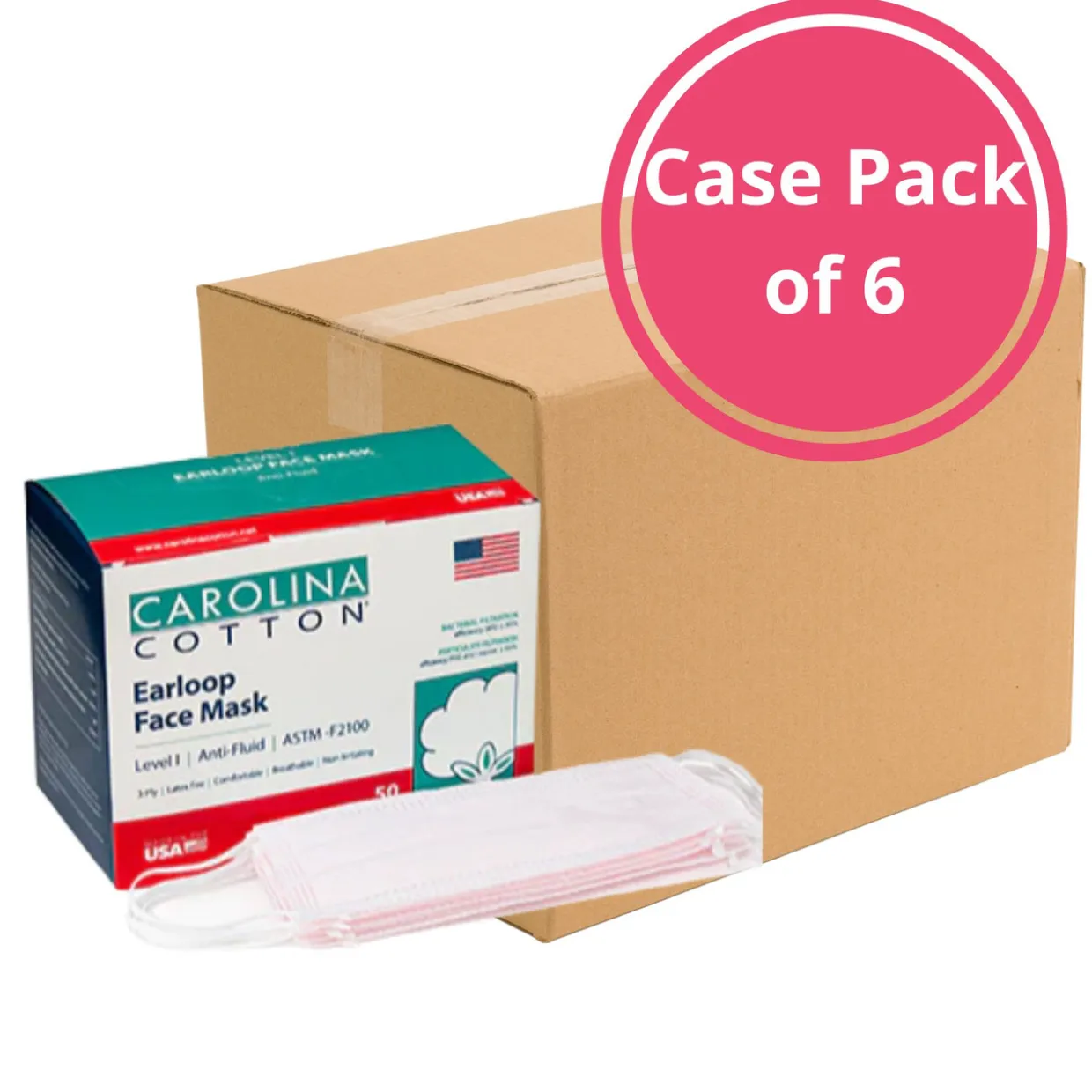 Carolina Cotton Pink Earloop Face Masks, 50 ct., Made in USA - Case Pack of 6 Boxes