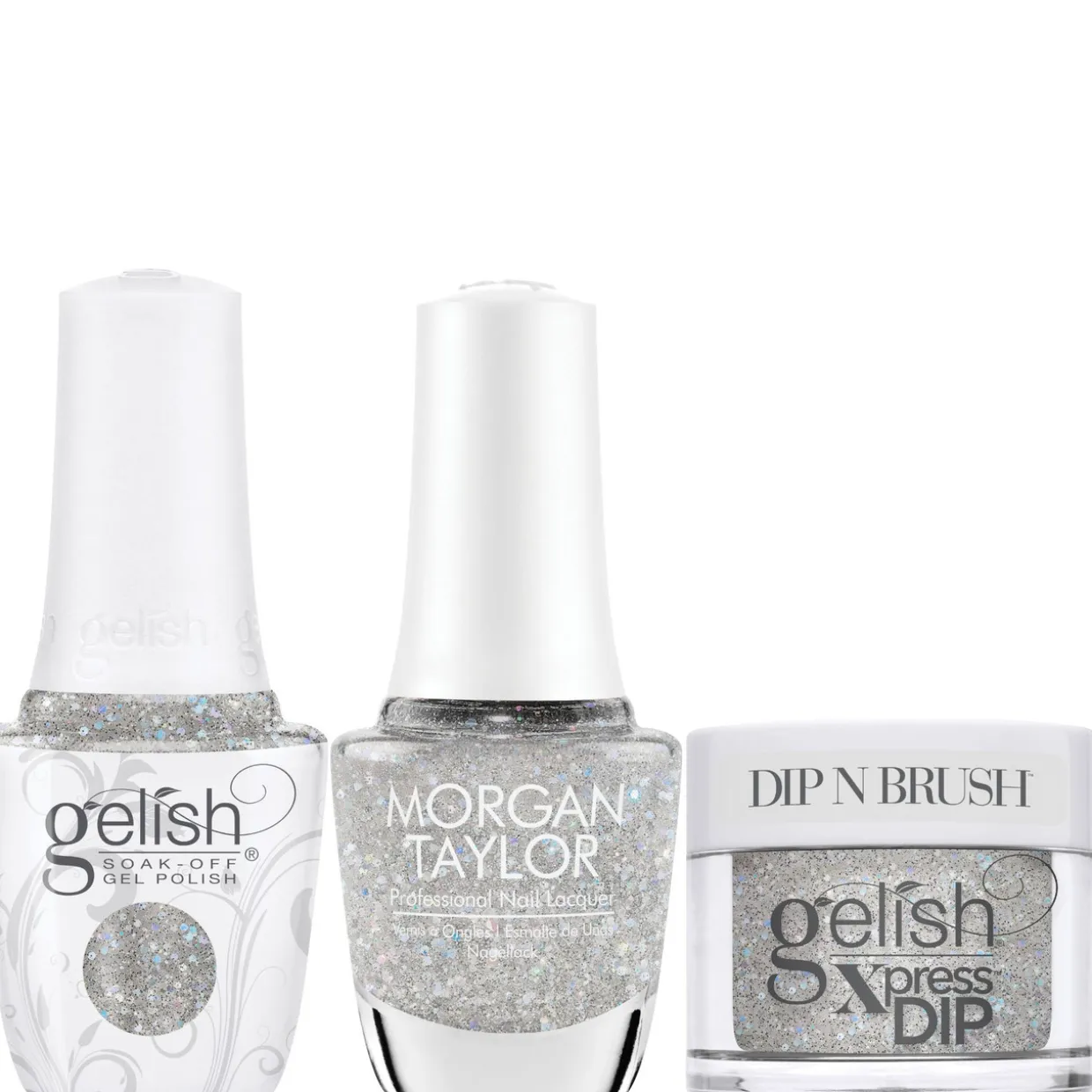 Gelish "Crystal Snowdrop" Trio- Includes Gel Polish, Lacquer and Dip - Silver Diamond Glitter