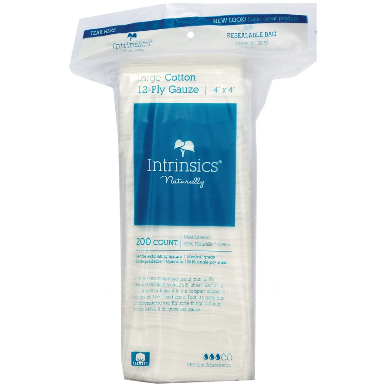 Intrinsics 401423 - Large Cotton 12-Ply Gauze, 4”x4”, 200 ct. Med-Esthetic® 100% Naturelle™ cotton, Case Pack of 10