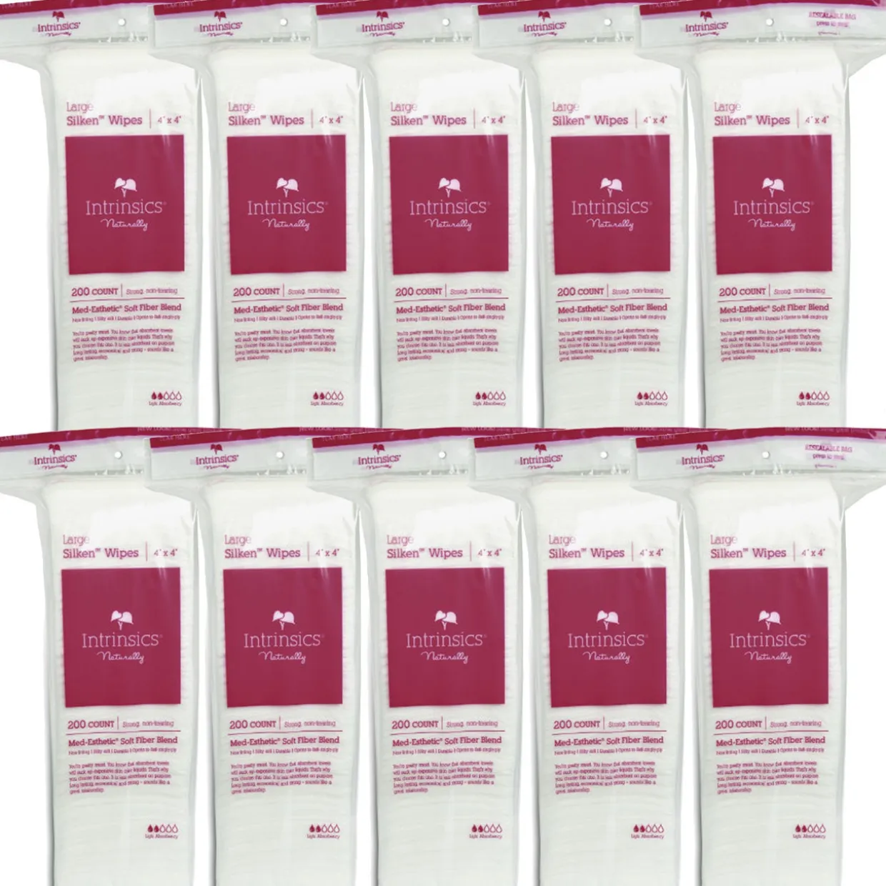 Intrinsics Large Silken™ Wipes, 4”x4”, Case Pack of 10 Bags, 200 ct. ea. 8-ply blend of soft fibers