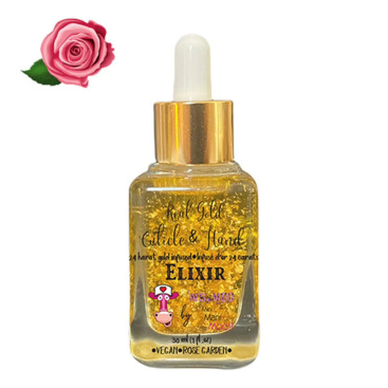 Ms. Moo Real 24k Gold Elixir for Cuticles and Hands, Rose Garden Scent, 30 mL| 1 fl. Oz.